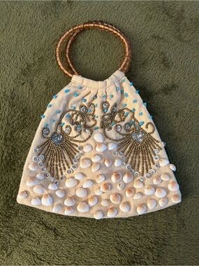 Vintage MOYNA Hand-Beaded Seashell & Turquoise Handbag Bag Clear Glass Handles